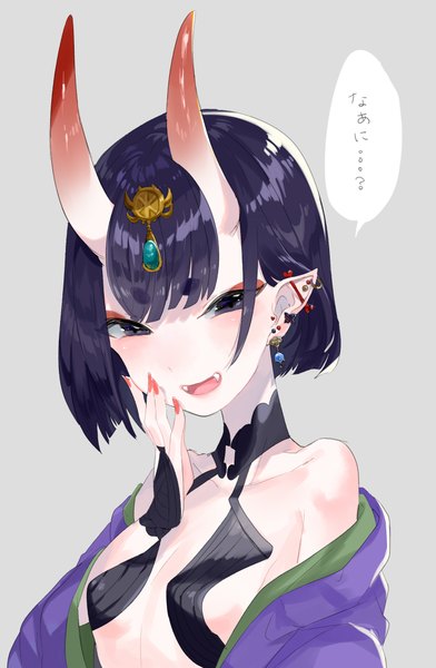 Anime picture 2841x4344 with fate (series) fate/grand order shuten douji (fate) aano (10bit) single tall image looking at viewer blush highres short hair breasts open mouth light erotic simple background purple eyes purple hair upper body nail polish :d horn (horns)