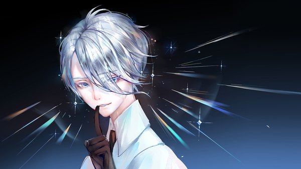 Anime picture 1920x1080 with houseki no kuni antarcticite bamboocm single looking at viewer fringe highres short hair blue eyes simple background hair between eyes wide image silver hair sparkle gradient background finger to mouth face shiny androgynous gloves