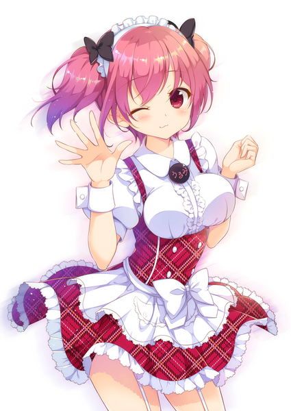 Anime picture 1000x1413 with original hasegawa urumi toorutsuki hajime clear moon single tall image blush breasts simple background white background twintails looking away pink hair one eye closed pink eyes wink maid short twintails :3 girl