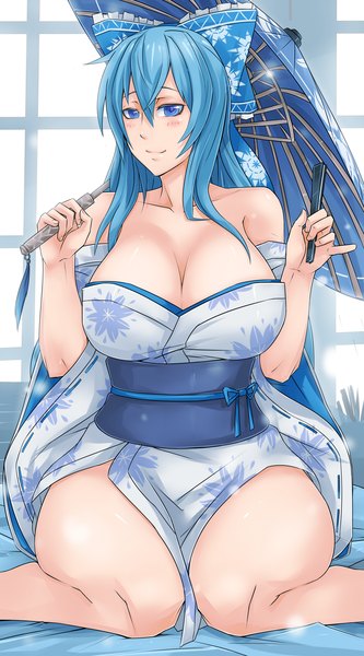 Anime picture 1500x2698 with exaxuxer long hair tall image looking at viewer blush breasts blue eyes light erotic smile large breasts blue hair girl bow hair bow umbrella