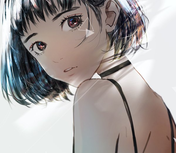 Anime picture 1512x1318 with original ziijii. single fringe short hair black hair simple background hair between eyes white background bare shoulders blunt bangs parted lips looking back back shaded face bare back multicolored eyes girl choker