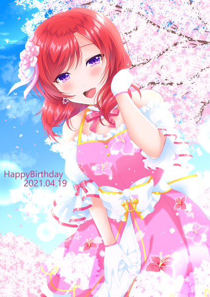 Anime picture 2894x4093 with love live! school idol project sunrise (studio) love live! nishikino maki yuncho (yunchoooo20) single tall image looking at viewer blush fringe highres short hair breasts open mouth smile standing purple eyes bare shoulders payot sky