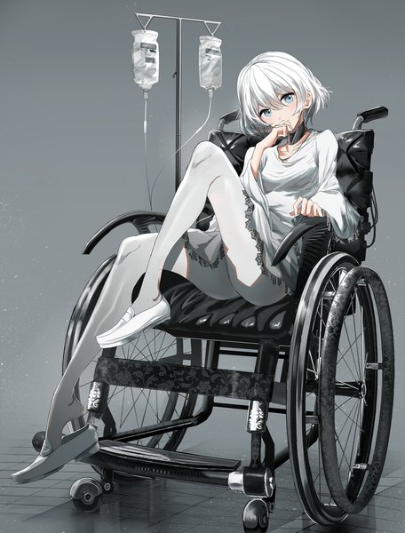 Anime picture 1478x1942 with original swav single tall image blush fringe short hair blue eyes simple background hair between eyes sitting looking away full body white hair head tilt grey background wide sleeves leg lift (legs lift) hand to mouth shoe dangle