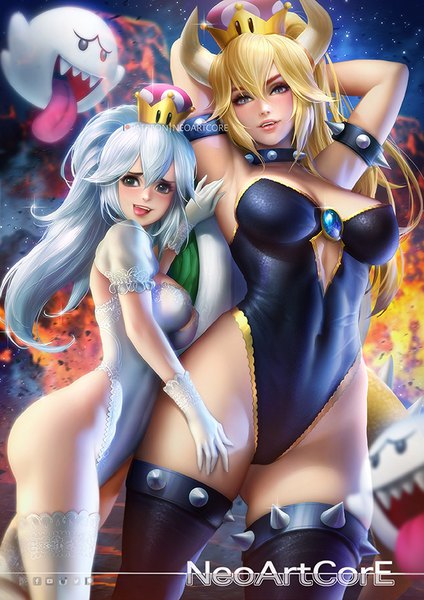 Anime picture 600x849 with super mario bros. new super mario bros. u deluxe bowsette princess king boo boo (mario) nudtawut thongmai long hair tall image looking at viewer blush fringe breasts open mouth blue eyes light erotic blonde hair standing multiple girls signed payot