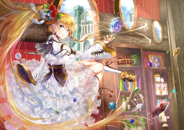 Anime picture 3150x2227 with original amatou (usagi cacao) single long hair looking at viewer highres blue eyes blonde hair absurdres bent knee (knees) ponytail long sleeves looking back hair flower wide sleeves magic flying lacing girl dress