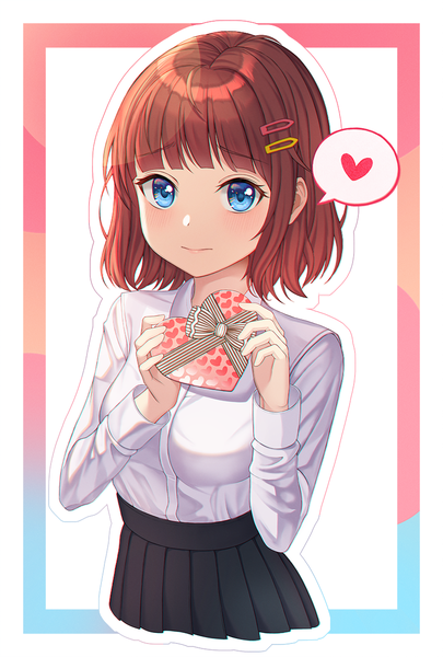 Anime picture 845x1250 with original hb (qwqw1697) single tall image looking at viewer blush fringe short hair blue eyes simple background brown hair white background holding ahoge blunt bangs pleated skirt embarrassed valentine outline heart print