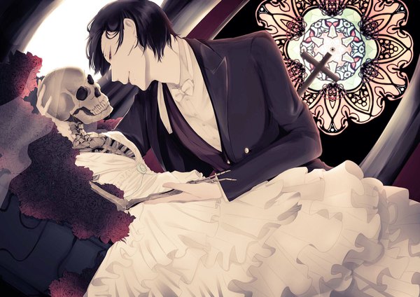 Anime-Bild 2048x1448 mit original schwarz ashford zabeo0125 single highres short hair black hair red eyes holding upper body indoors parted lips profile mole leaning leaning forward looking down mole under mouth skeleton dress