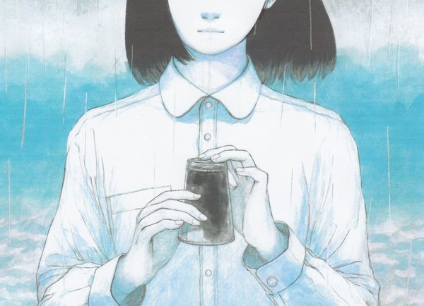 Anime picture 2046x1480 with original fuji vol.2 single highres short hair black hair holding sky rain white skin girl shirt white shirt jar
