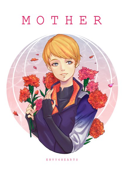Anime picture 1748x2480 with detroit: become human kara (detroit) envy4hearts single tall image fringe highres short hair blue eyes blonde hair smile white background holding signed looking away upper body inscription girl gloves flower (flowers)