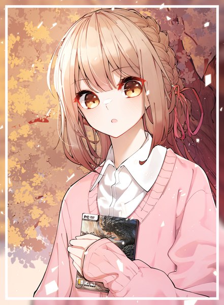 Anime picture 1234x1678 with original se.a single tall image looking at viewer blush fringe short hair open mouth brown hair holding yellow eyes upper body blunt bangs braid (braids) long sleeves sleeves past wrists framed girl ribbon (ribbons)