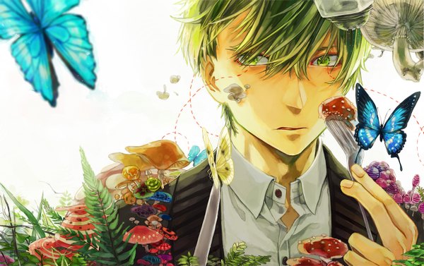 Anime picture 1345x846 with original masuoka single fringe short hair white background holding green eyes green hair eating open collar boy plant (plants) shirt insect butterfly knife hand fork mushroom (mushrooms)