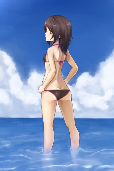 Anime picture 950x1430 with original purea single long hair tall image blush light erotic black hair brown eyes looking away sky cloud (clouds) ass from behind partially submerged horizon hands on hips girl swimsuit bikini