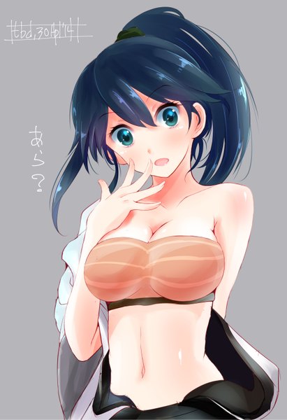 Anime picture 2059x3000 with kantai collection houshou light aircraft carrier tebi (tbd11) single long hair tall image looking at viewer blush highres breasts open mouth blue eyes light erotic simple background signed blue hair cleavage ponytail traditional clothes japanese clothes