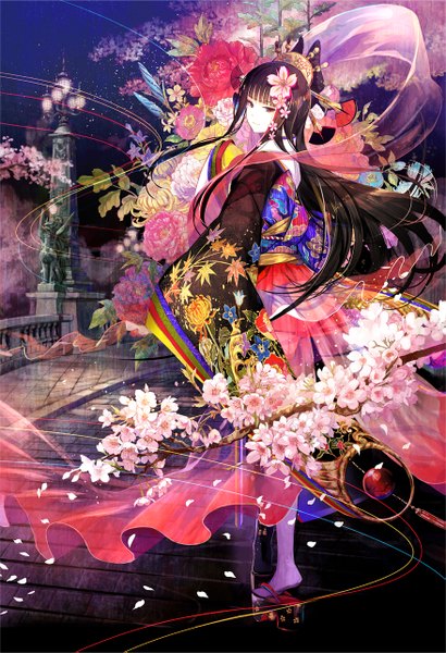 Anime picture 877x1283 with original fuzichoco single long hair tall image black hair looking away black eyes cherry blossoms girl dress hair ornament flower (flowers) petals shawl geta