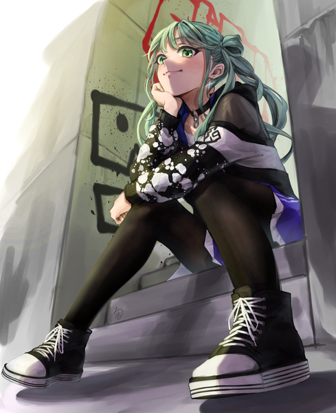 Anime picture 2894x3548 with project sekai vocaloid hatsune miku bossan 3310 single long hair tall image highres sitting twintails green eyes full body green hair from below chin rest vivid bad squad (project sekai) girl pantyhose choker shoes