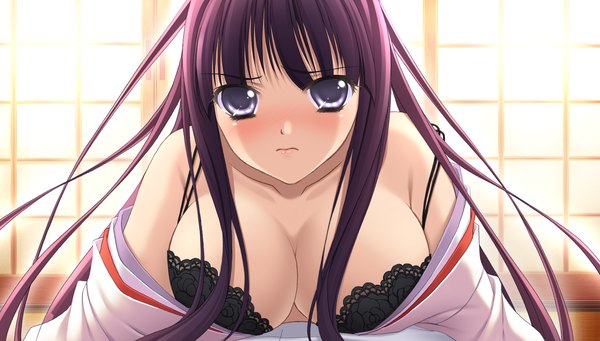 Anime picture 2136x1215 with highres breasts light erotic wide image game cg purple hair black eyes girl