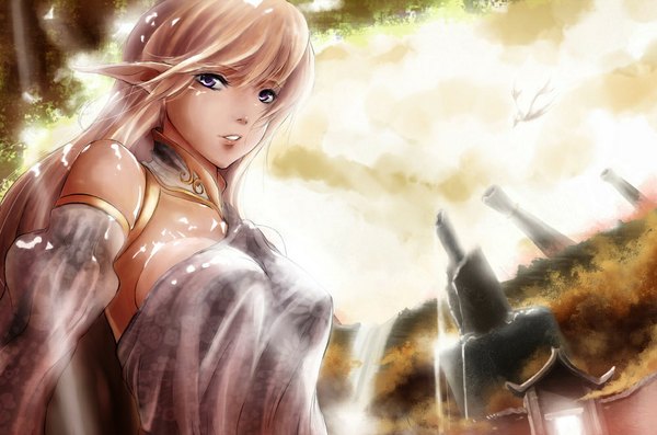 Anime picture 1000x662 with pandea work single long hair looking at viewer breasts open mouth blonde hair large breasts purple eyes bare shoulders sky cloud (clouds) pointy ears sunlight from below flying fantasy sunbeam clenched teeth girl