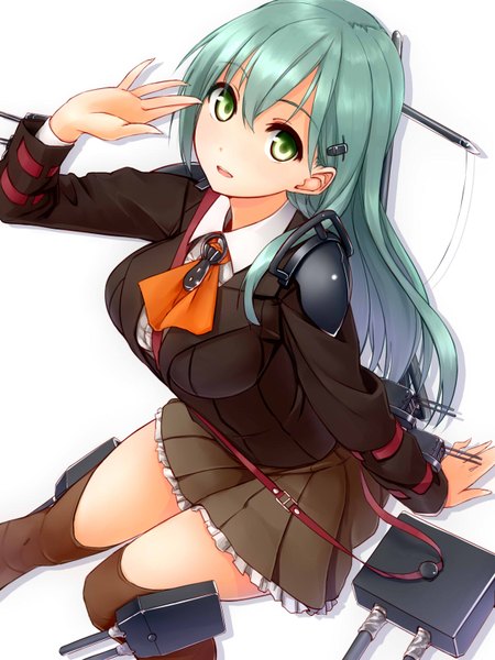 Anime picture 1200x1600 with kantai collection suzuya heavy cruiser agarwood single long hair tall image looking at viewer highres open mouth simple background white background sitting green eyes pleated skirt from above aqua hair arm support girl thighhighs skirt