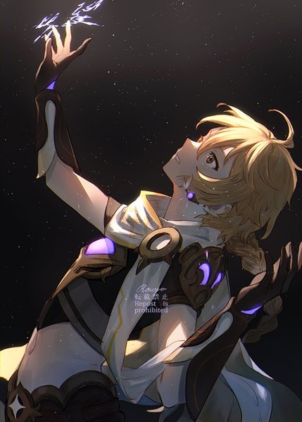 Anime picture 643x900 with genshin impact aether (genshin impact) rowya single long hair tall image fringe blonde hair hair between eyes brown eyes signed upper body ahoge profile arm up glowing looking up boy gloves black gloves