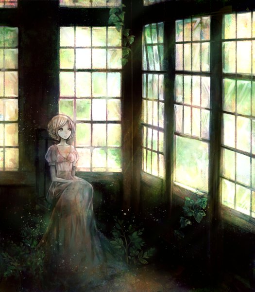 Anime picture 1400x1600 with original clona single tall image short hair blonde hair sitting brown eyes looking away lips girl dress plant (plants) window