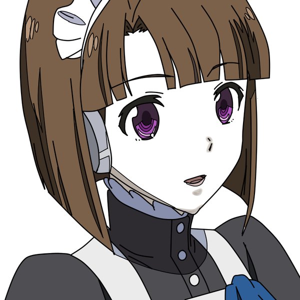 Anime picture 800x800 with mahouka koukou no rettousei pixie (mahouka koukou no rettousei) masknokyo single fringe short hair open mouth simple background brown hair white background purple eyes looking away blunt bangs :d maid portrait girl uniform headdress maid headdress