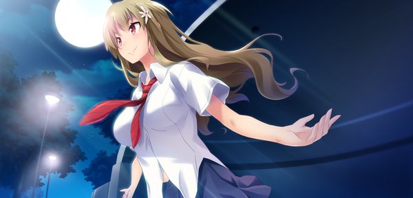 Anime picture 2250x1080 with brava! single long hair blush highres smile red eyes brown hair wide image game cg night girl uniform school uniform shirt necktie moon