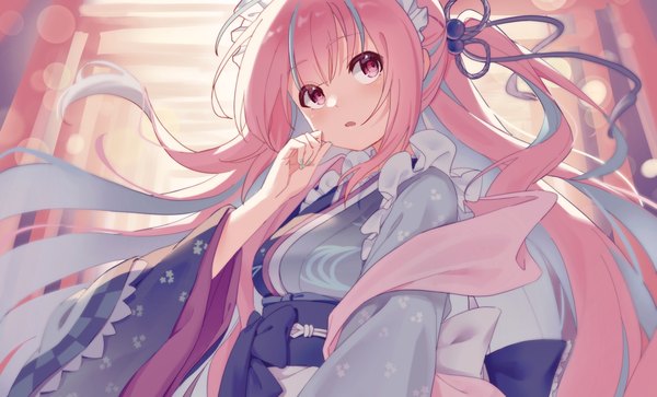 Anime picture 3792x2292 with virtual youtuber hololive minato aqua minato aqua (3rd costume) tazaki yokka single long hair highres wide image looking away pink hair absurdres upper body nail polish traditional clothes japanese clothes pink eyes multicolored hair two-tone hair one side up