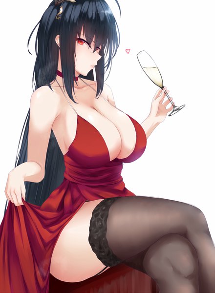 Anime picture 880x1200 with azur lane taihou (azur lane) taihou (forbidden feast) (azur lane) awu single long hair tall image looking at viewer fringe breasts light erotic black hair simple background hair between eyes red eyes white background sitting bare shoulders holding payot