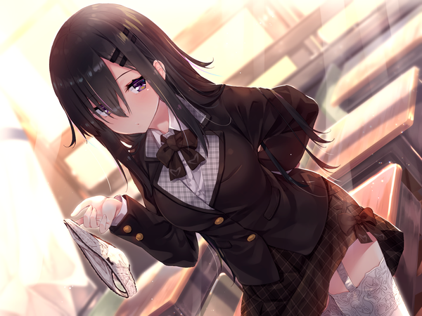 Anime picture 2000x1500 with original rozea (graphmelt) single long hair looking at viewer blush fringe highres light erotic black hair standing purple eyes indoors long sleeves sunlight hair over one eye dutch angle plaid skirt arm behind back holding panties