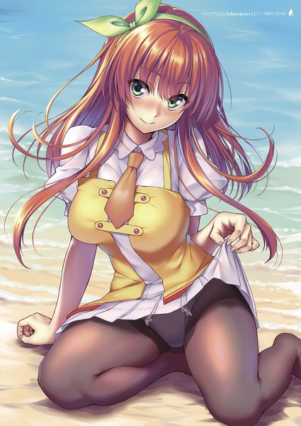Anime picture 1500x2117 with original melonbooks piromizu single long hair tall image looking at viewer blush fringe breasts light erotic smile large breasts sitting green eyes outdoors pleated skirt scan orange hair arm support
