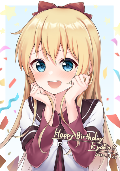 Anime picture 868x1228 with yuru yuri doga kobo toshinou kyouko pizza (pizzania company) single long hair tall image blush open mouth blue eyes blonde hair looking away upper body :d character names border dated outside border happy birthday girl