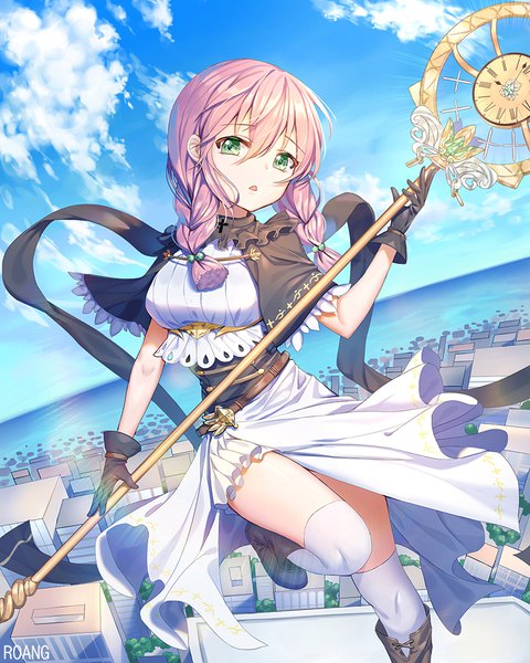 Anime picture 800x1000 with original roang single long hair tall image looking at viewer fringe open mouth hair between eyes holding green eyes signed pink hair sky cloud (clouds) outdoors braid (braids) twin braids city horizon