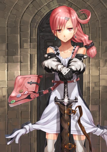 Anime-Bild 1900x2687 mit original gabiran long hair tall image highres pink hair pink eyes girl weapon earrings sword bag door