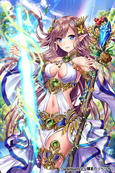 Anime picture 640x960 with original esphy single long hair tall image looking at viewer blush fringe breasts blue eyes light erotic hair between eyes brown hair standing bare shoulders holding sky cloud (clouds) outdoors parted lips