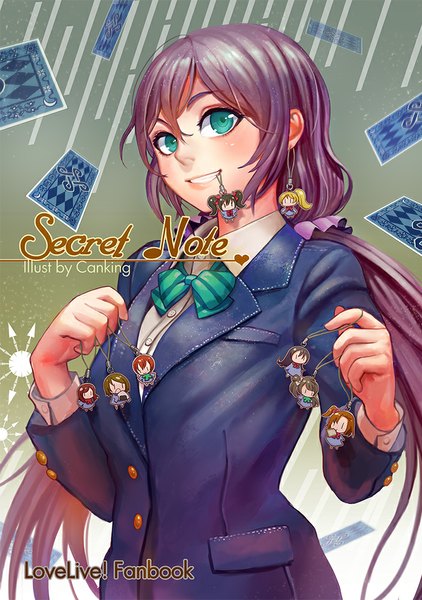 Anime picture 703x1000 with love live! school idol project sunrise (studio) love live! toujou nozomi canking single long hair tall image blush smile twintails holding green eyes purple hair lips mouth hold low twintails girl uniform school uniform