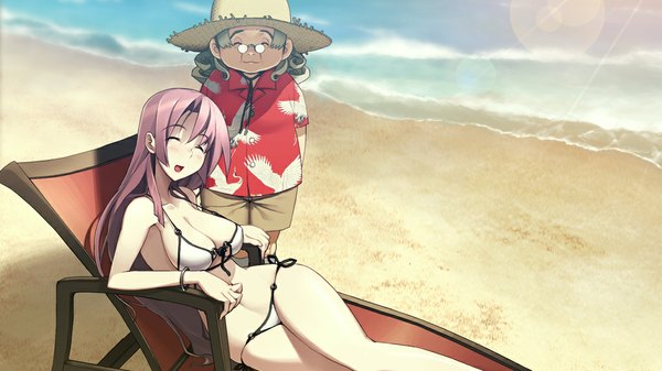 Anime picture 1024x576 with full metal daemon muramasa nitroplus ootori kanae nagakura sayo blush breasts open mouth light erotic smile wide image cleavage eyes closed grey hair sunlight beach reclining curly hair old woman girl swimsuit