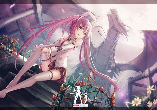 Anime picture 1142x808 with vocaloid hatsune miku wangchuan de quanyan long hair twintails bare shoulders animal ears yellow eyes looking away pink hair bunny ears girl skirt flower (flowers) detached sleeves thigh boots dragon