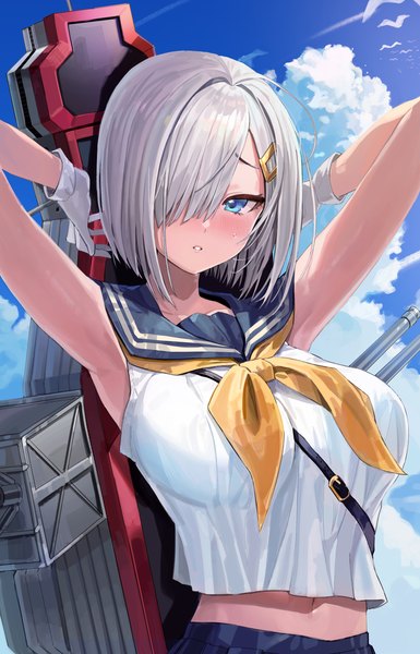Anime picture 2809x4378 with kantai collection hamakaze destroyer freng single tall image looking at viewer blush fringe highres short hair breasts blue eyes standing sky silver hair cloud (clouds) upper body outdoors parted lips arms up