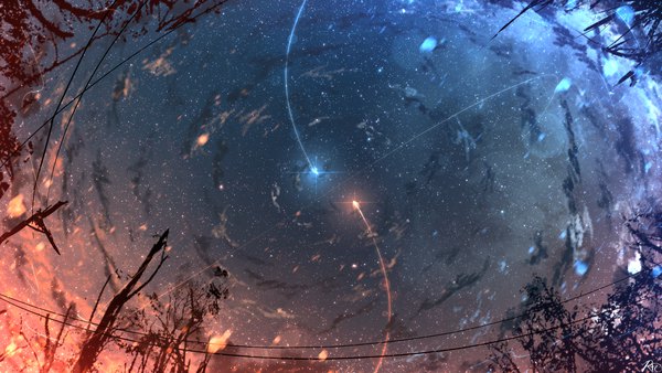 Anime-Bild 2204x1240 mit original rune xiao highres wide image signed cloud (clouds) night night sky no people scenic fisheye star (stars)