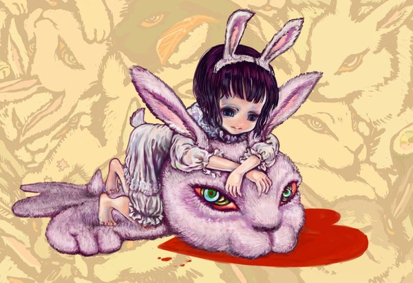Anime picture 1458x1000 with original densen maniya short hair animal ears purple hair barefoot bunny ears multicolored eyes girl animal blood