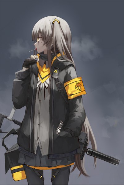Anime picture 1140x1700 with girls frontline ump45 (girls frontline) leris muma single long hair tall image fringe hair between eyes brown hair yellow eyes looking away long sleeves profile pleated skirt grey background open jacket one side up hand in pocket steam logo