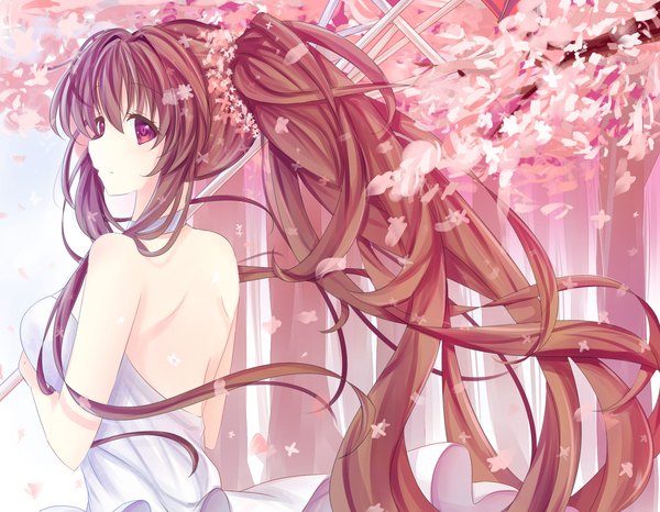 Anime picture 1800x1400 with kantai collection yamato super battleship venn (vebonbon) single long hair highres brown hair bare shoulders ponytail pink eyes looking back sunlight cherry blossoms girl dress plant (plants) tree (trees) white dress