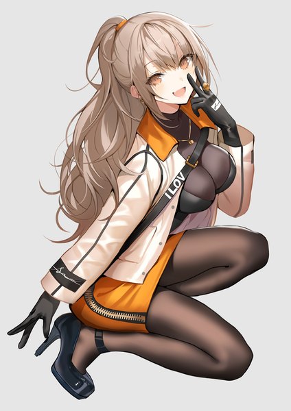 Anime picture 827x1169 with original lloule single long hair tall image looking at viewer blush fringe breasts open mouth simple background smile brown hair large breasts brown eyes payot full body bent knee (knees) ponytail long sleeves