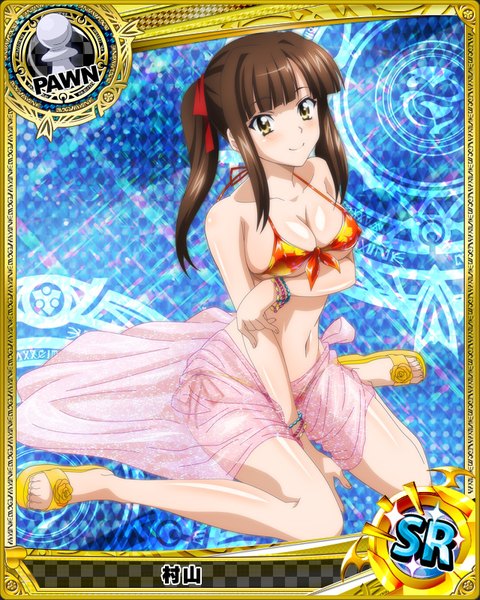 Anime picture 640x800 with highschool dxd murayama (high school dxd) single long hair tall image looking at viewer blush breasts light erotic smile brown hair twintails yellow eyes card (medium) girl navel swimsuit bikini bracelet pareo