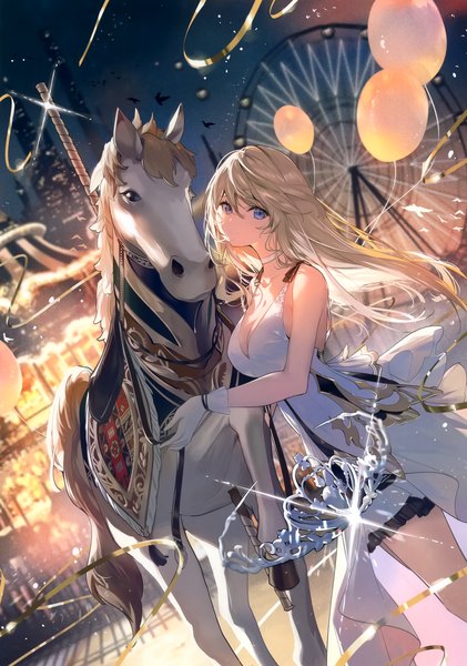 Anime picture 2137x3045 with original eshi 100-nin ten necomi (gussan) single long hair tall image looking at viewer fringe highres breasts blue eyes blonde hair hair between eyes large breasts standing cleavage outdoors scan night sparkle