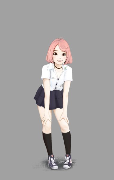 Anime picture 1299x2048 with original laras (jubi) jubi (regiana) single tall image looking at viewer short hair simple background smile standing brown eyes signed pink hair full body grey background arm support character names open collar girl skirt