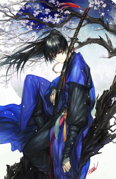 Anime picture 779x1200 with original danhu single long hair tall image black hair sitting signed looking back fingernails wind black eyes pale skin sheathed weapon over shoulder girl boy flower (flowers) weapon petals