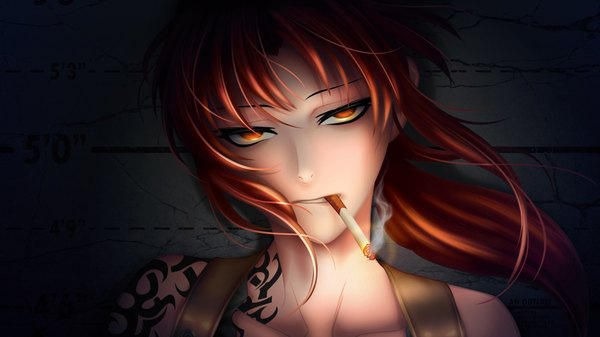 Anime picture 1920x1080 with black lagoon madhouse revy (black lagoon) hiroe rei single long hair looking at viewer highres brown hair wide image brown eyes tattoo dark background smoking girl cigarette