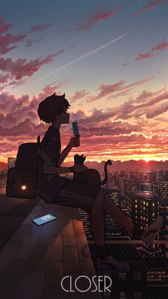 Anime picture 1500x2672 with original pasoputi single tall image fringe short hair brown hair sitting holding looking away sky cloud (clouds) full body outdoors profile sunlight short sleeves city glowing cityscape