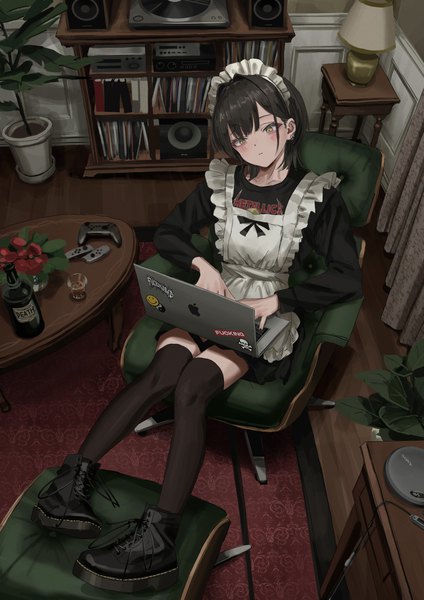 Anime picture 2772x3920 with original apple inc. metallica nadegata single tall image highres short hair black hair sitting yellow eyes indoors long sleeves nail polish head tilt from above maid looking down lacing girl